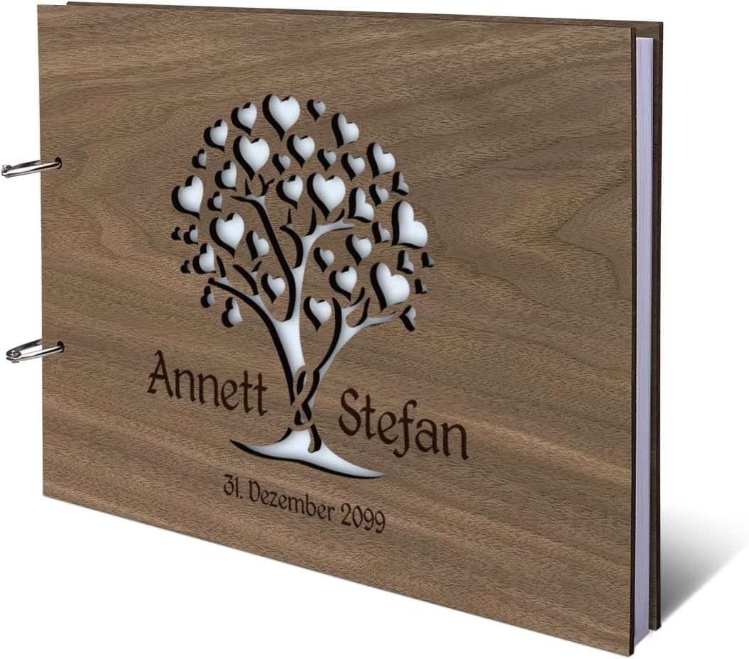 Kartenmachen.de Personalisiertes Hochzeit Gästebuch echtes Holz DIN A4 Hochzeitsbuch mit Lasergravur