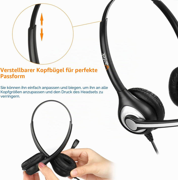 Wantek Telefon Headset Binaural mit Noise Cancelling Mikrofon, Call Center Kopfhörer für Gigaset Pan