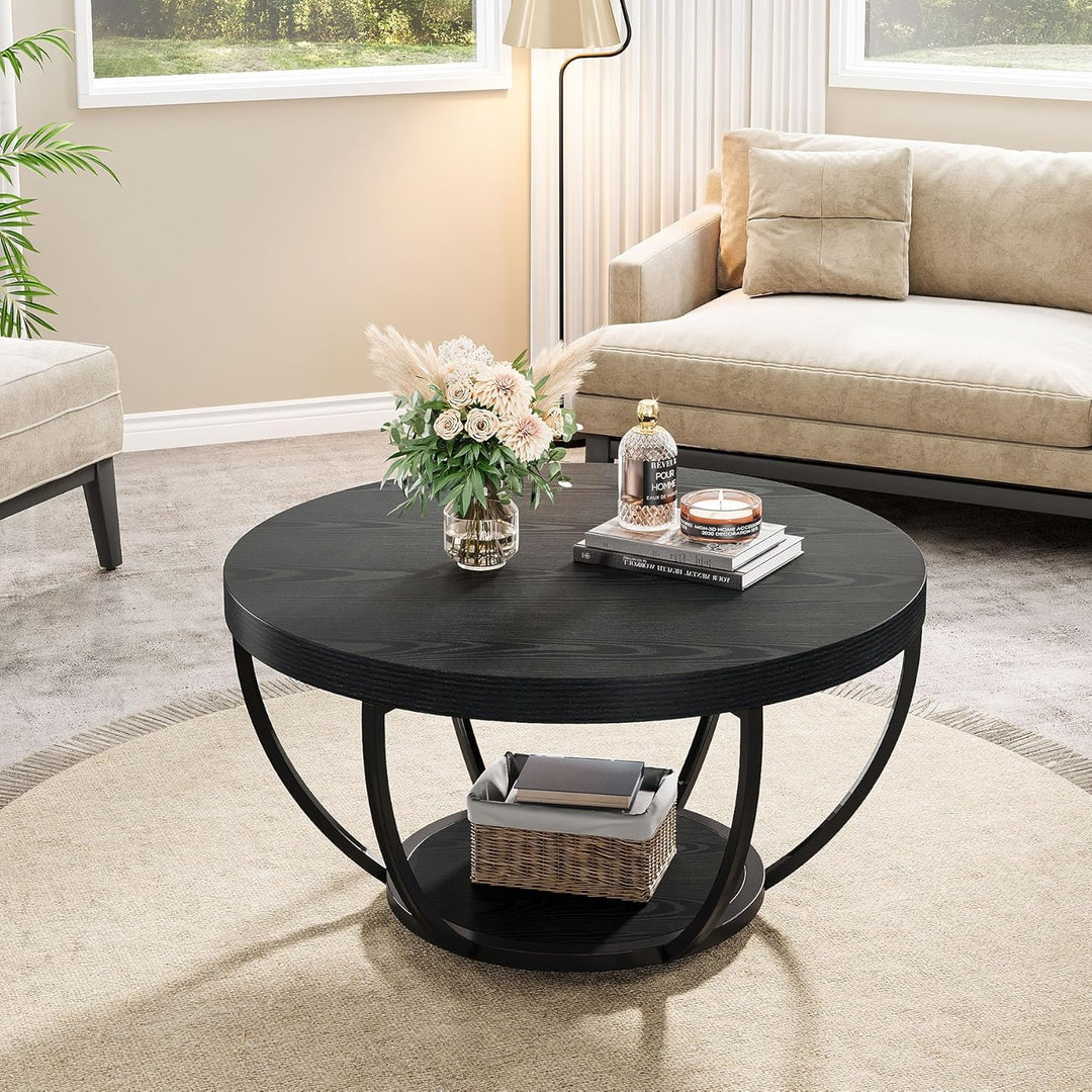 Tribesigns Couchtisch rund Ø80 cm, Industrial 2-Tier-Kreis Couchtisch mit Stauraum, Holztisch Akzent