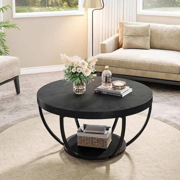 Tribesigns Couchtisch rund Ø80 cm, Industrial 2-Tier-Kreis Couchtisch mit Stauraum, Holztisch Akzent