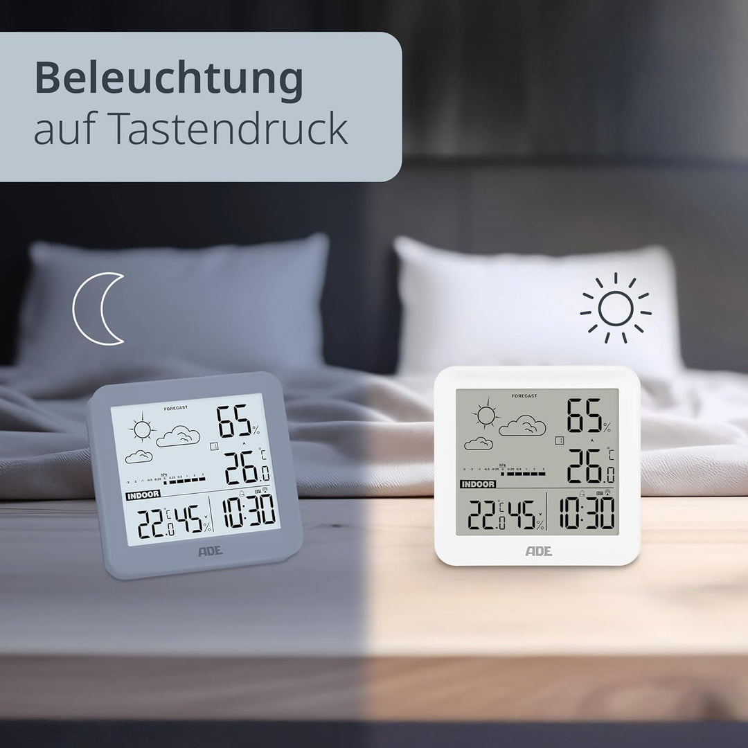 ADE Kleine digitale Wetterstation funk mit Aussensensor und Wettervorhersage | Innen- und Aussentemp