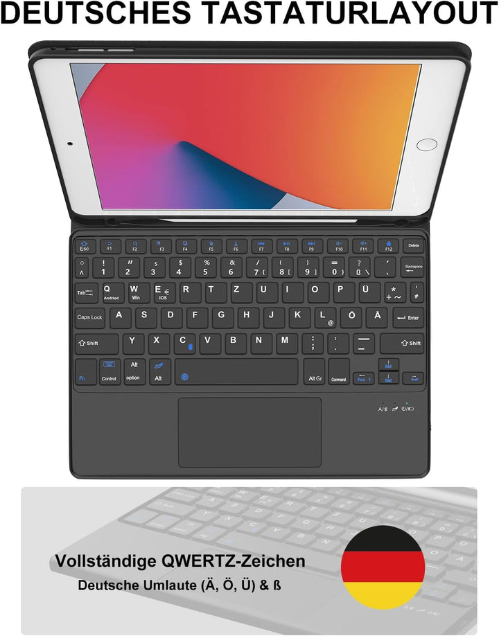 JADEMALL Für iPad 6. Generation Hülle mit DE Tastatur und Touchpad, Abnehmbare Bluetooth Tastatur Hü