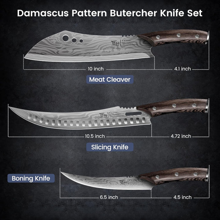 Fleischermesser Set, 3-teilig, Küchenmesser zum Schneiden von Fleisch, Hackmesser, Ausbeinmesser & Z