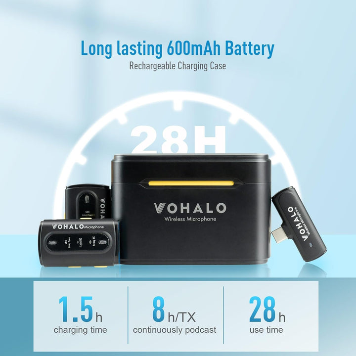 VOHALO Wireless Lavalier Mikrofon für iPhone iPad Android mit Ladekoffer 2.4G Dual 30 Stunden Spielz