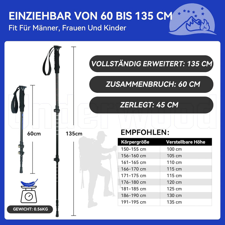 Nordic Walking Stick für Damen und Herren, Teleskop 2 Stück Wanderstöcke für Trekking, Aluminium Wan
