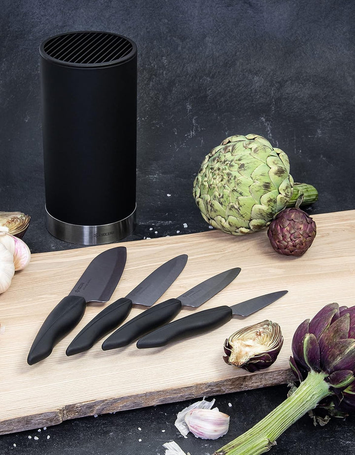 Kyocera Soft-Touch Messerblock Schwarz | 4 SHIN Keramik Messer | Santoku, Universalmesser, Gemüsemes