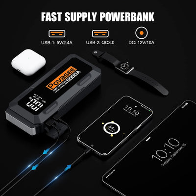 Povasee Starthilfe Powerbank, 5000A Starthilfe (bis zu Alle Benzin/10L Diesel) mit 3 Zoll LCD-Displa