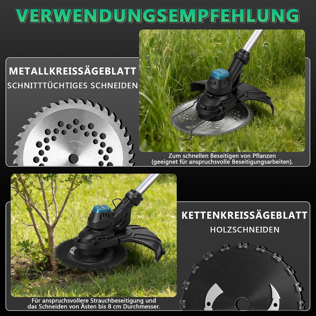980W Akku Rasentrimmer mit 2 * 4Ah Akkus und Ladegerät, 7-in-1 Bürstenloser Akku Freischneider mit 1