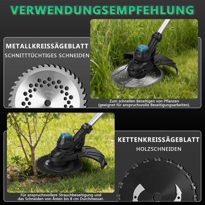 980W Akku Rasentrimmer mit 2 * 4Ah Akkus und Ladegerät, 7-in-1 Bürstenloser Akku Freischneider mit 1