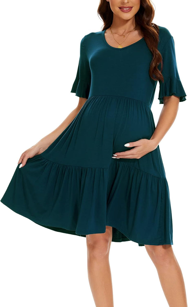 Smallshow Damen Umstandskleid Kurzarm Sommer Schwangerschafts Umstandsmode Kleid XXL Blaugrün, XXL B