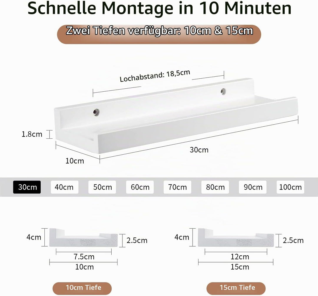 Gieanoo Wandregal Weiss, 2er Set, 30CM Massives Eichenholz Schweberegale Bilderleiste Weiss Regalbre
