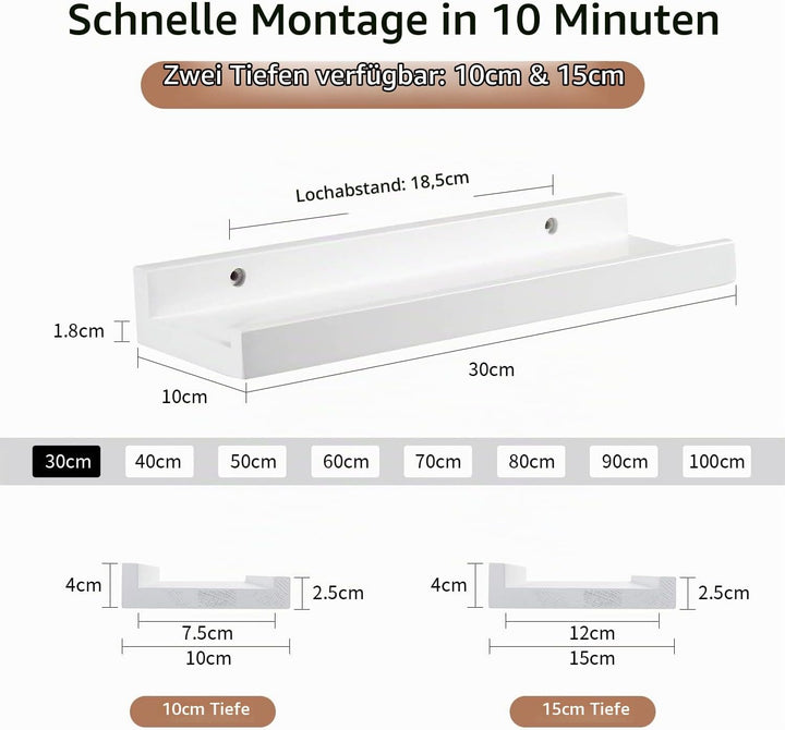 Gieanoo Wandregal Weiss, 2er Set, 30CM Massives Eichenholz Schweberegale Bilderleiste Weiss Regalbre