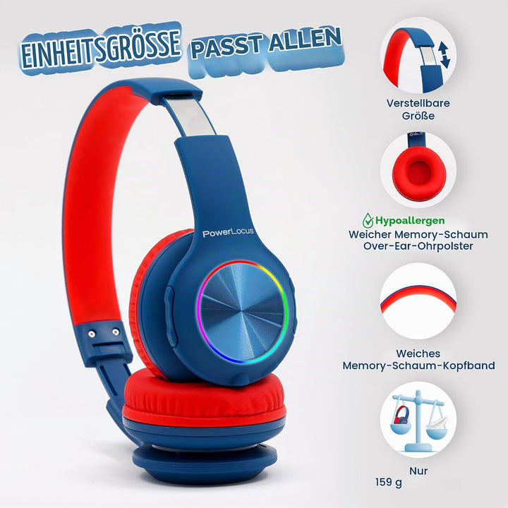 PowerLocus Kinderkopfhörer Bluetooth, Kinder Kopfhörer Kabellos mit LED-Leuchten und 94DB Lautstärke