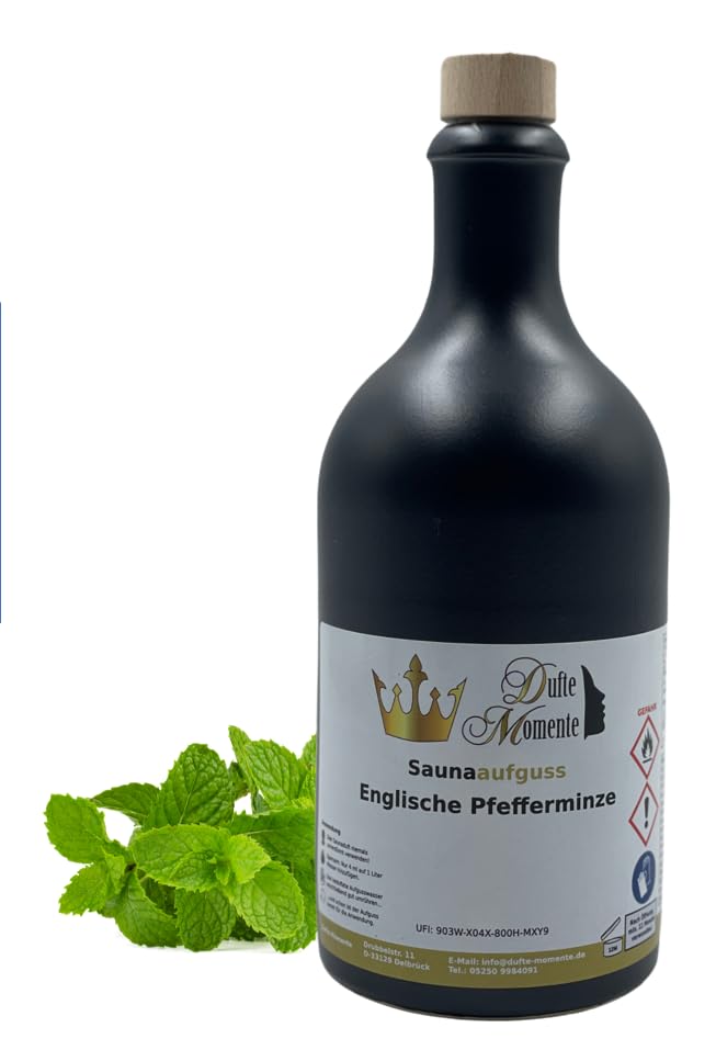 Dufte Momente | Saunaduft Englische Pfefferminze 500ml in schwarzer Steinzeugflasche mit Korkmündung