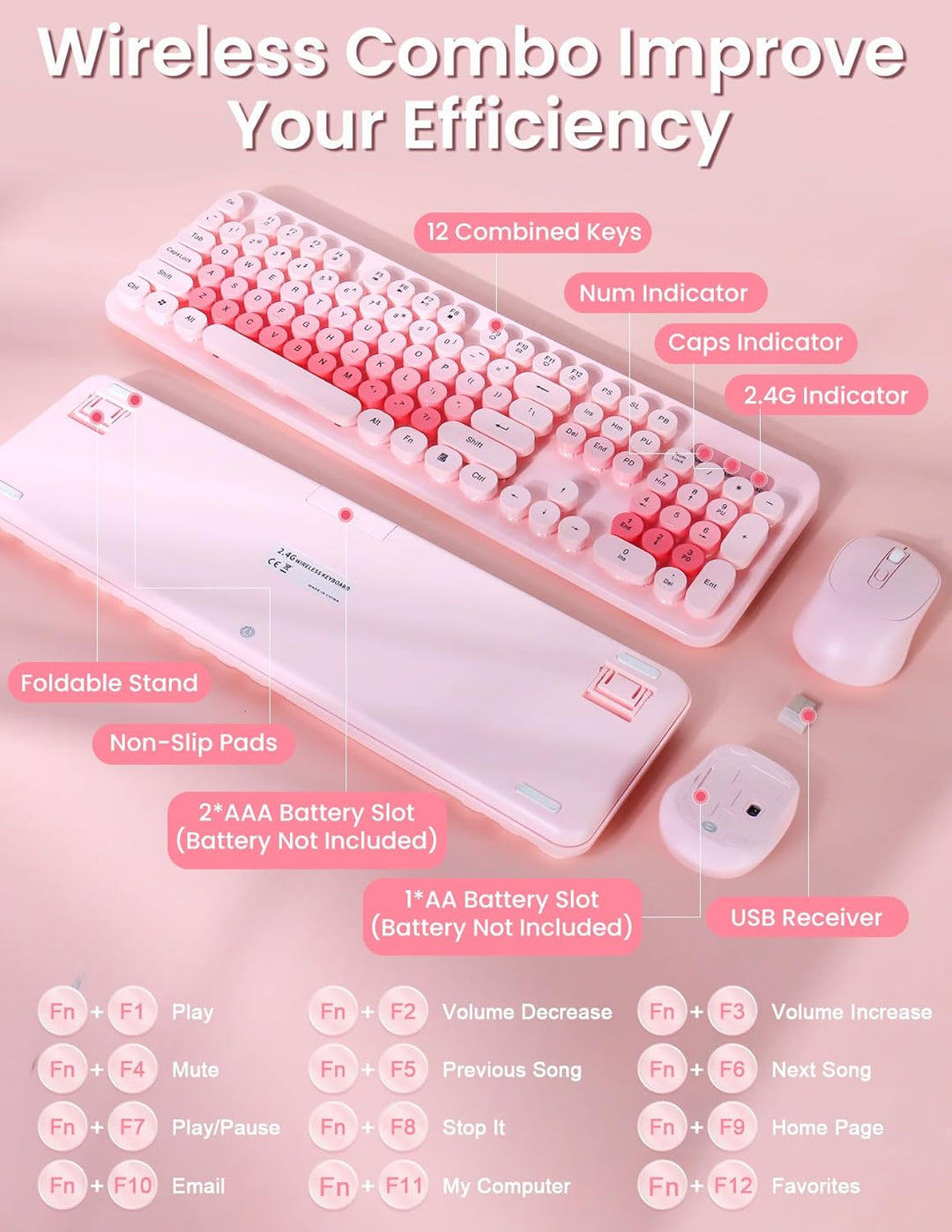 LAMA Tastatur Maus Set Kabellos, Retro runde Schreibmaschine Tastatur mit 104 Tasten &amp; Ziffernblock,