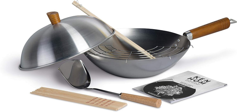 Ken Hom KH331103 Carbonstahl Wokpfanne Set, 31cm, Classic, Wok mit Deckel, Kochbuch, Ablagegitter un