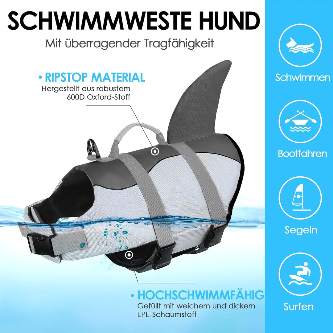 AOFITEE Schwimmweste Hund Klein, Verstellbar Hunde Schwimmweste Hai, Ripstop Hundeschwimmweste Klein