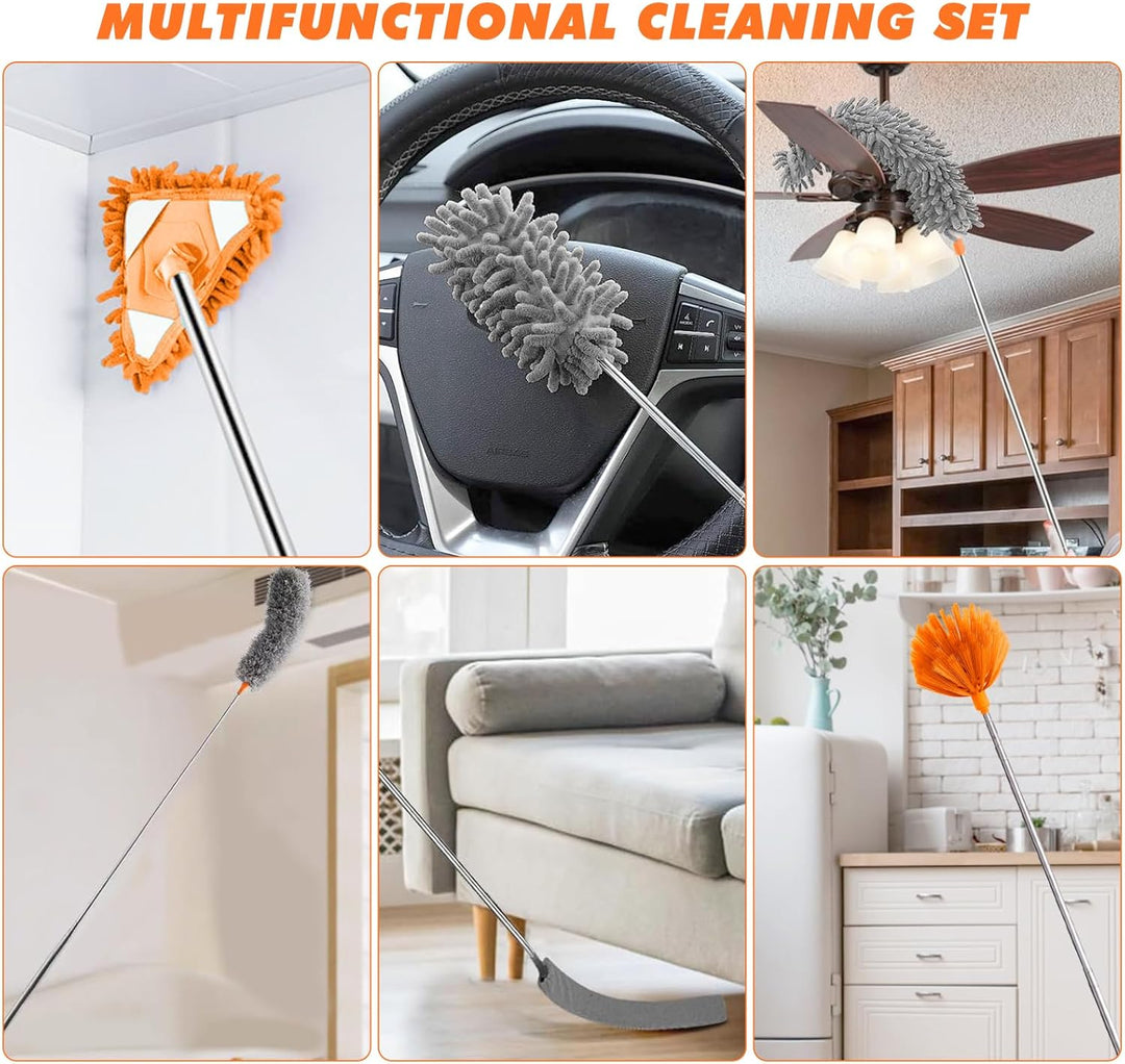 10 Stück Staubwedel Teleskop, Waschbar Staubwedel Lang Ausziehbar bis 255 cm, Spinnenwebenentferner