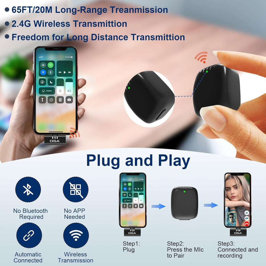 OSA Kabelloses Lavalier Mikrofon für iPhone 15/16 & Android, Mini Dual Ansteckmikrofon mit Rauschfil