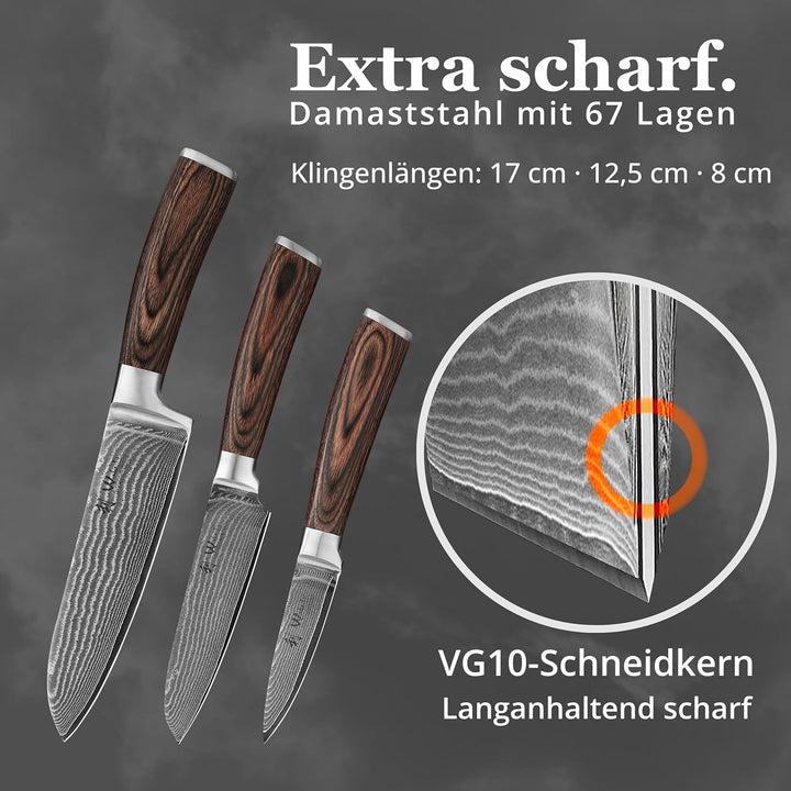 Wakoli Edib 3er Damastmesser-Set mit Klingenlängen von 8,50cm bis 17,00cm extrem scharf aus 67 Lagen
