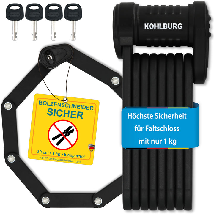 KOHLBURG Sicherheits- Faltschloss - sehr sicheres Fahrradschloss 89cm - Gliederschloss aus gehärtete