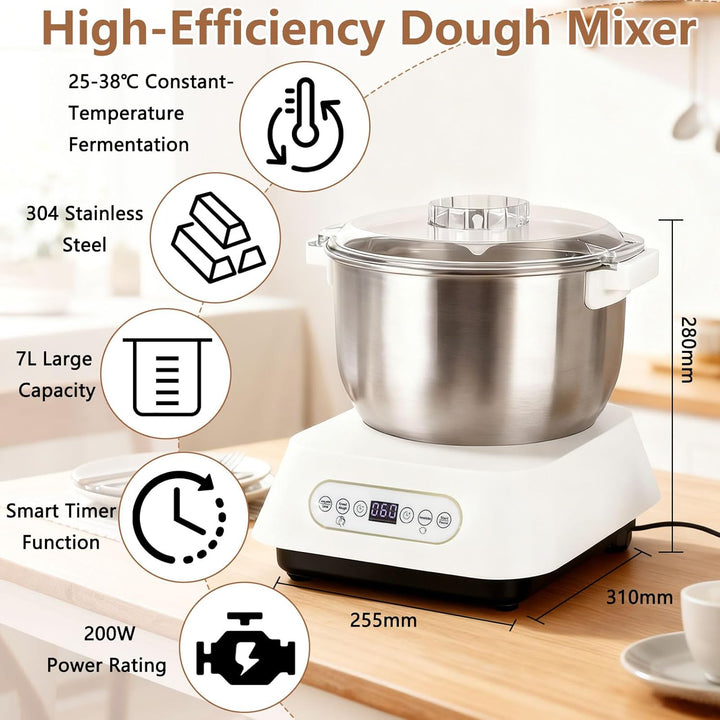 Edelstahl-Teigknetmaschine, 7L Grossvolumige Knetmaschine zum Backen mit thermostatischer Gärfunktio