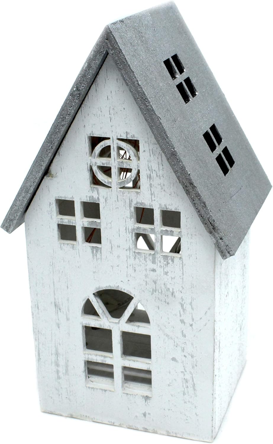 DARO DEKO Holz LED Haus weiss Silber 12 x 21cm, 12 x 21cm
