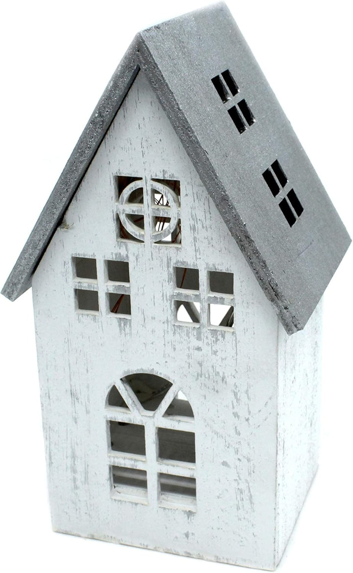 DARO DEKO Holz LED Haus weiss Silber 12 x 21cm, 12 x 21cm
