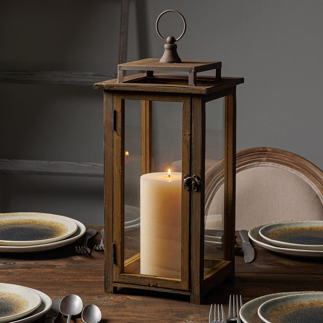 Stonebriar 18 Inch Rustic Wooden Hurricane Candle Lantern with Handle, Metal, Brown, 17.5", 17.5"