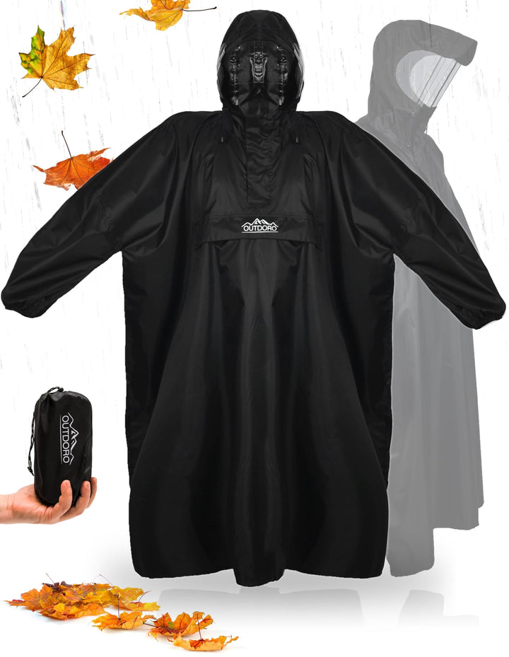 Outdoro Regenponcho mit Ärmeln - Mit Navigations-Fenster in der Brusttasche, Reissverschluss und Sic