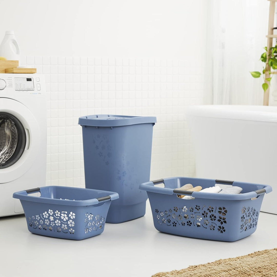 Rotho 3er-Set Wäschekorb Flowers 50l, Kunststoff (PP) BPA-frei, blau, 3x50l, (65,1 x 49 x 26,2 cm),