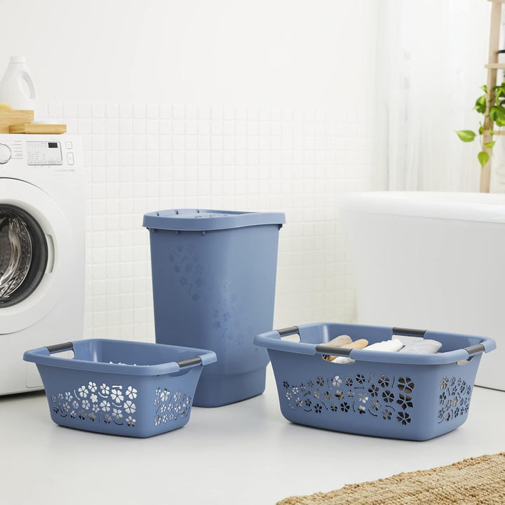 Rotho 3er-Set Wäschekorb Flowers 50l, Kunststoff (PP) BPA-frei, blau, 3x50l, (65,1 x 49 x 26,2 cm),