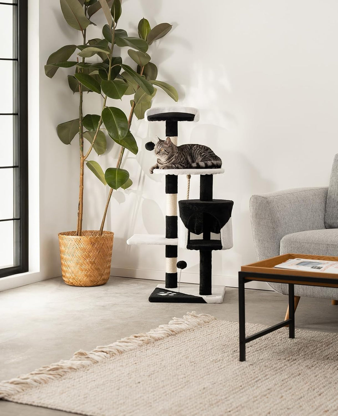 lionto Kratzbaum für Katzen mit 2 Plüschbällen & Spielseil, Höhe 112 cm, Katzenbaum mit Sisalseil &