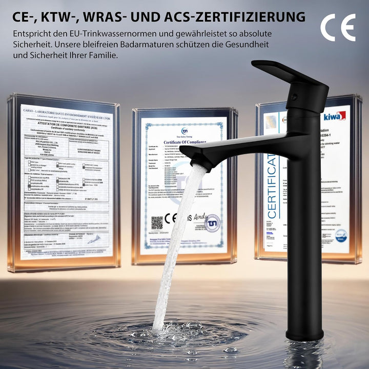 HOMELODY Wasserhahn Bad Schwarz Hoch - Bleifrei Rund Waschtischarmatur mit Auslauf Höhe 250 mm - Ein