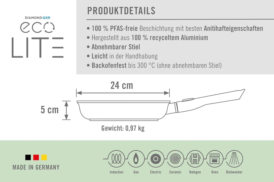 Woll Eco Lite QXR Flachpfanne - Induktiv - Ø 24 cm, 5 cm hoch, mit abnehmbarem Stiel - Geeignet für