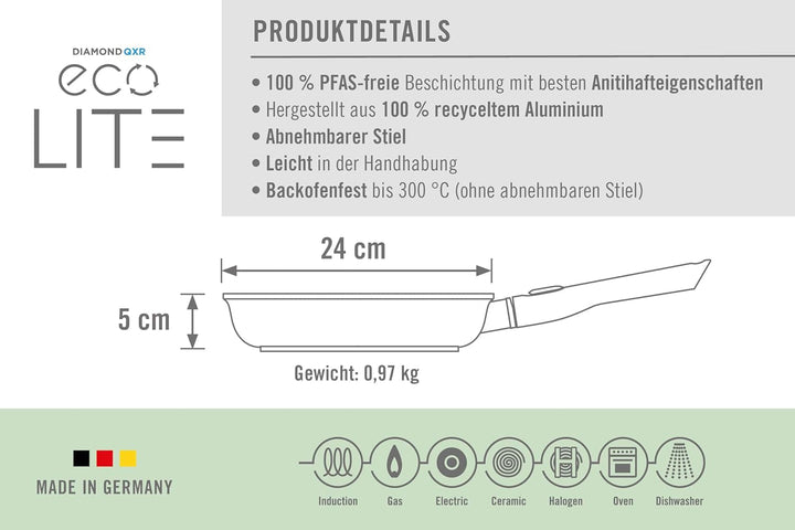 Woll Eco Lite QXR Flachpfanne - Induktiv - Ø 24 cm, 5 cm hoch, mit abnehmbarem Stiel - Geeignet für