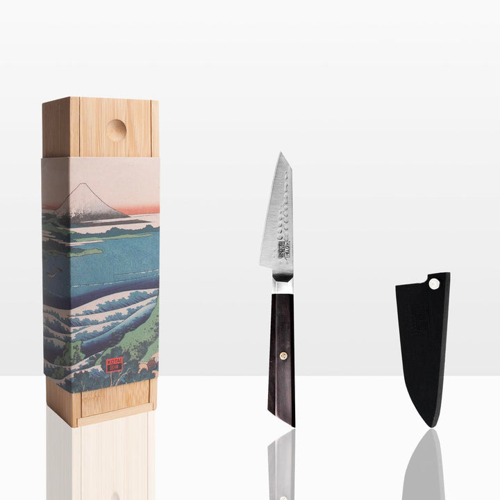 KOTAI Bunka Spickmesser mit Bambus-Saya und Bambusbox | 9-cm-Klinge | von Hand gehämmert und geschär