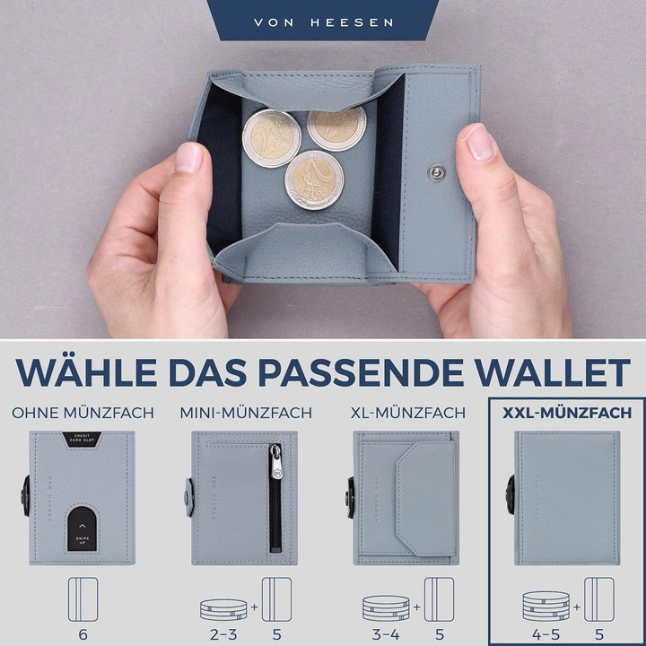 VON HEESEN Slim Wallet mit XXL Münzfach & RFID-Schutz - Leder Geldbeutel - Mini Geldbörse für Herren