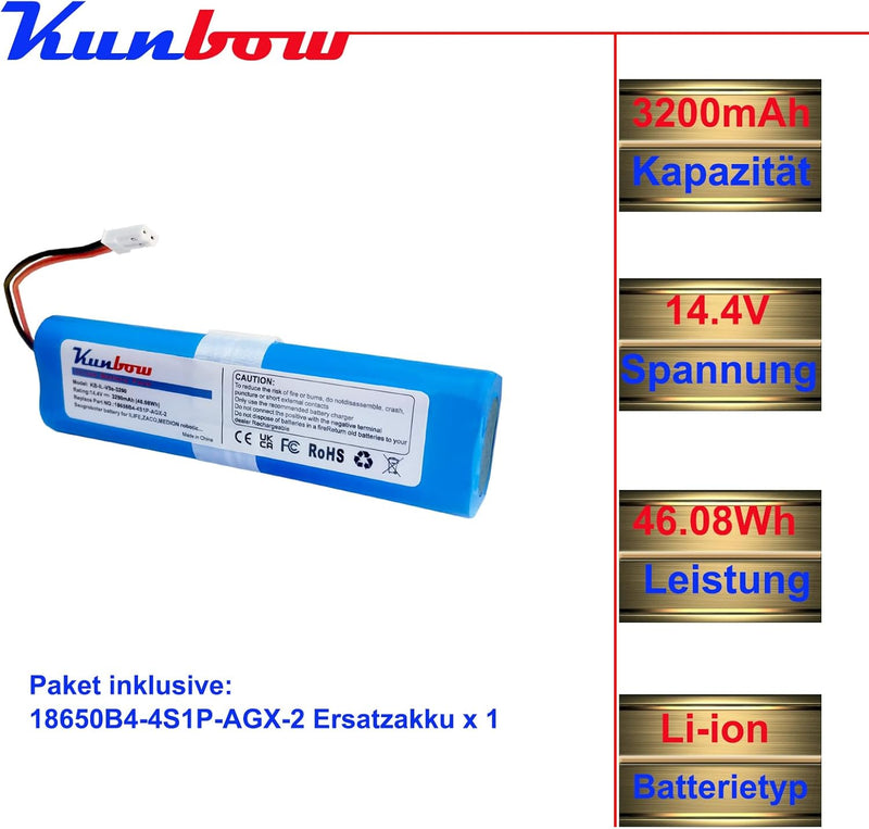 Kunbow 3200mAh Li-ion akku,Ersatzakku für iLife Zaco V5s Pro,V5x, V4, V3s Pro, V8s, V50, V80, V85 Ho