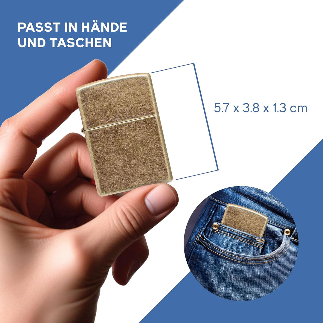 ZIPPO - Antique Brass - nachfüllbares Sturmfeuerzeug in hochwertiger Geschenkbox (Gold, Flammenmotiv