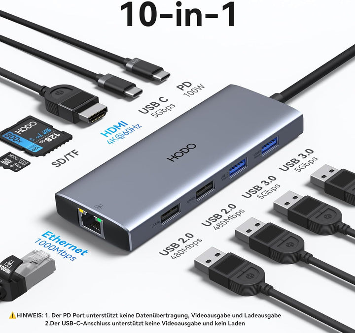 HODO USB C Hub Ethernet für MacBook Air, Adapter Mac Book Zubehör 10 in 1 mit 4K 60Hz HDMI, Ethernet