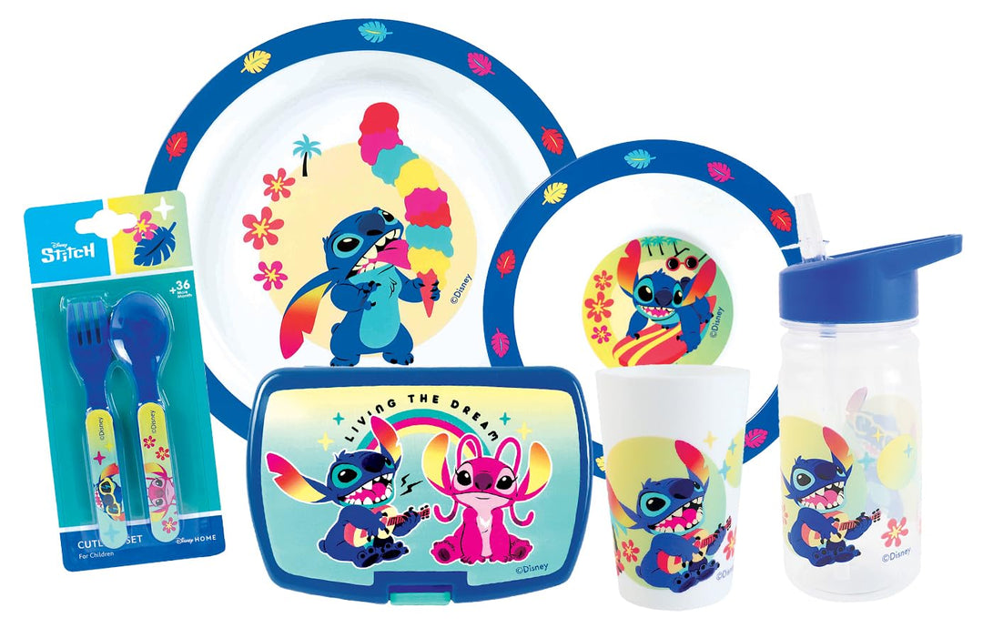 FUN HOUSE | Komplettes Set Lunchbox Angel & Stitch für Kinder | 1 Glas, 2 Teller + Besteck + Trinkfl