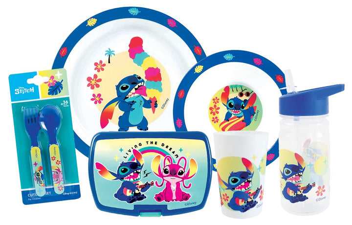FUN HOUSE | Komplettes Set Lunchbox Angel & Stitch für Kinder | 1 Glas, 2 Teller + Besteck + Trinkfl