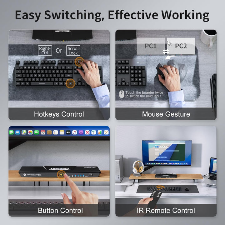 TESmart HDMI KVM Switch 4 Ports, 4 PC 1 Monitor Switch, EDID Emulator, Hotkey, Button Umschalter, US