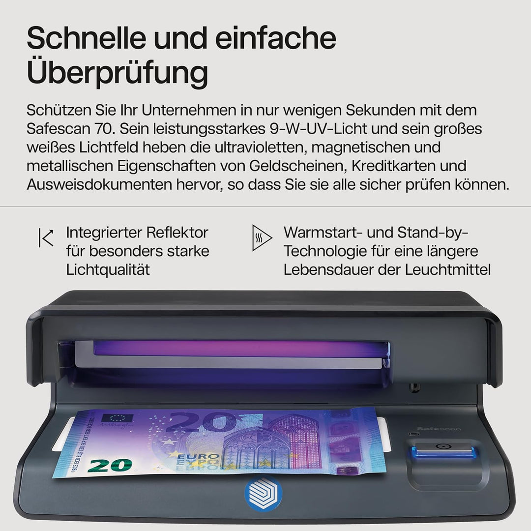 Safescan 70 UV-Falschgeldprüfgerät zur Prüfung von Banknoten, Kreditkarten und Ausweisen - UV-Geldsc