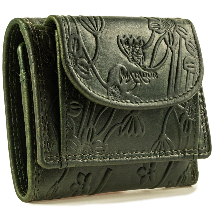MATADOR Mini Geldtasche Echt Leder Herren Portemonnaie Klein Damen Blumen Muster Grün Klein Geldbörs