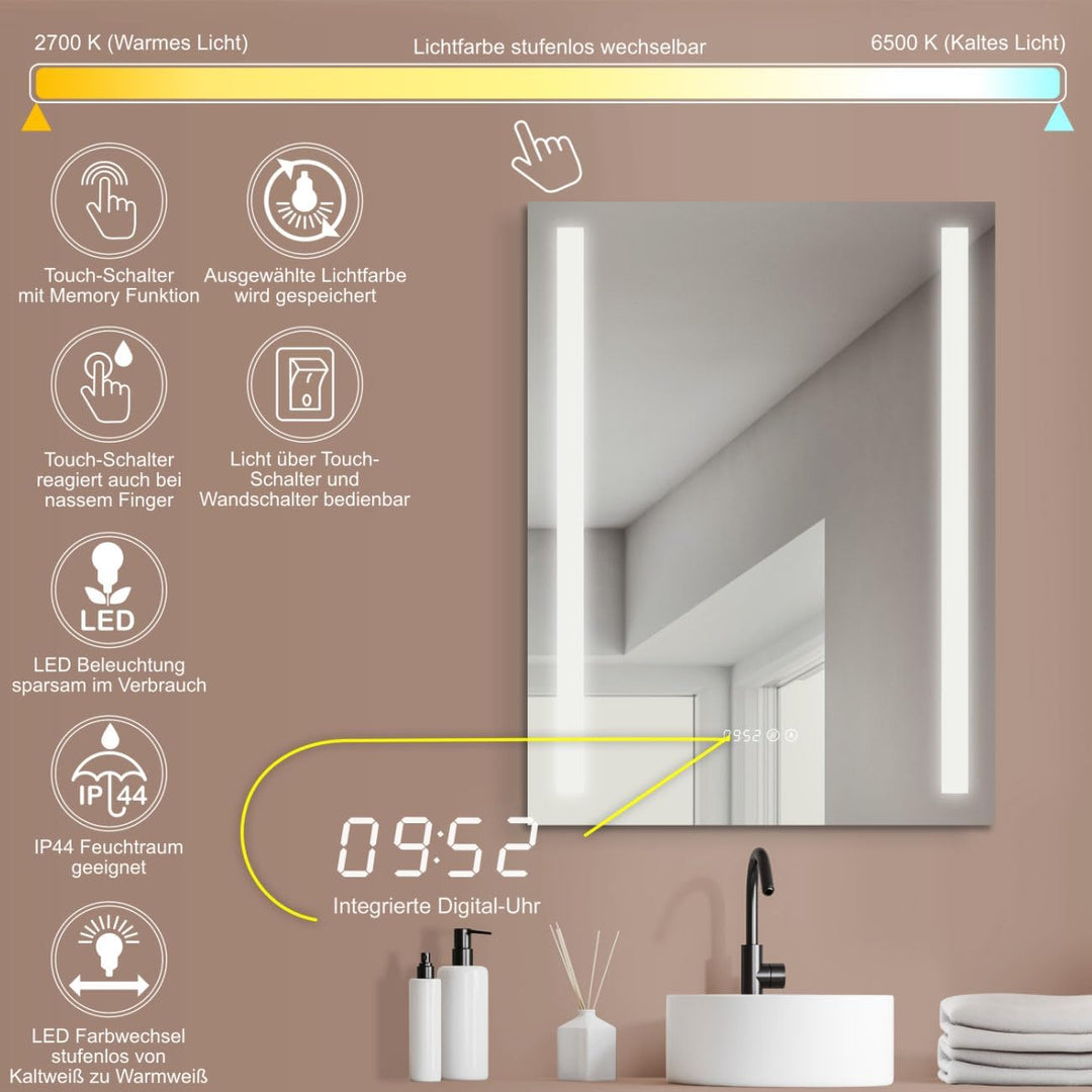 HOKO® Badezimmerspiegel, LED, 60 x 80 cm, mit Digitaluhr, Anti-Beschlagschutz, kaltes weisses Licht,