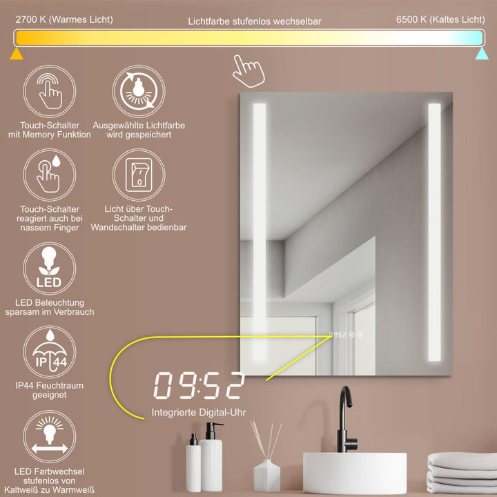 HOKO® Badezimmerspiegel, LED, 60 x 80 cm, mit Digitaluhr, Anti-Beschlagschutz, kaltes weisses Licht,