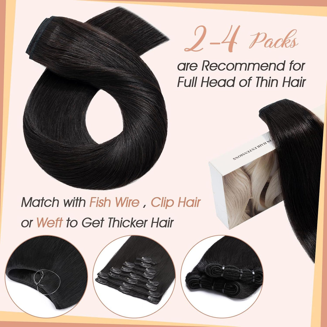 Clip In Extensions Echthaar Light Natürliches Schwarz Real human hair 1 pieces 5 clips Haarverlänger