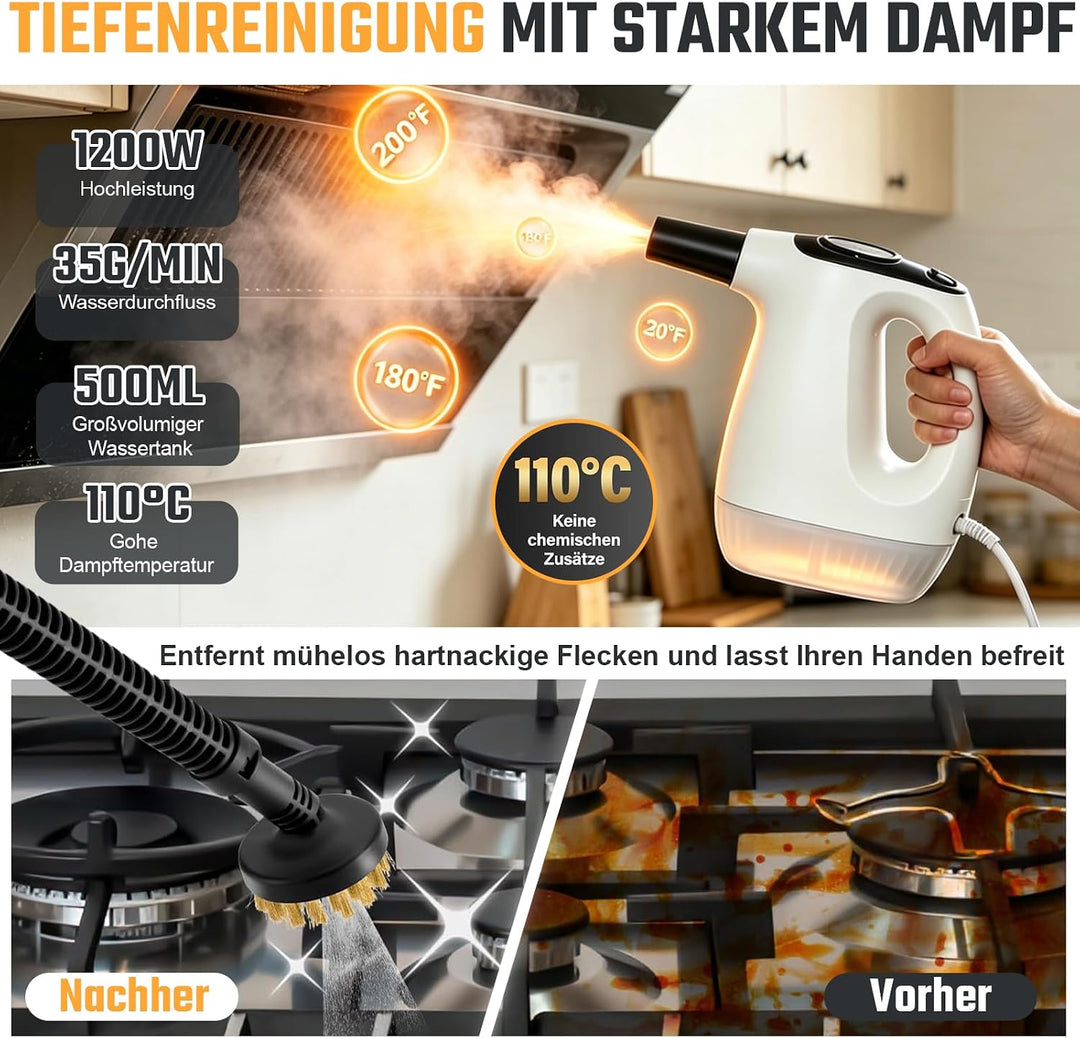 Dampfreiniger 12-in-1 mit abnehmbarem Teleskopstiel – 500ml Handdampfreiniger für Boden, Fliesen, Fe